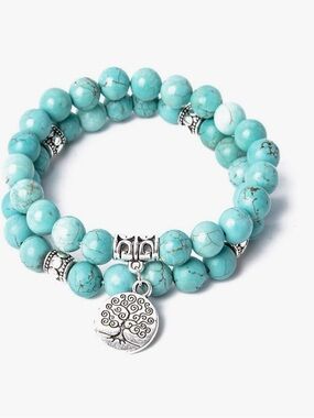 Turquoise Stone Beaded Tree of Life Stretch Bracelet